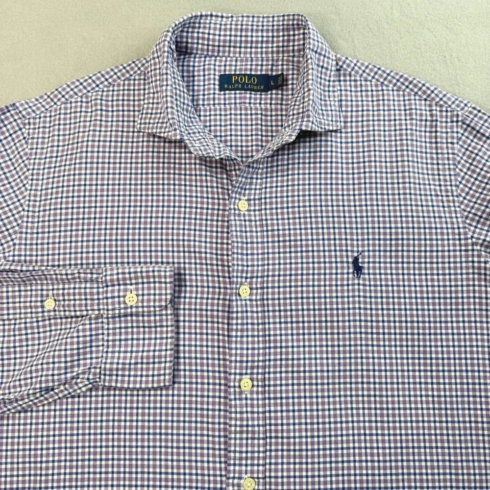 Polo Ralph Lauren Button Down Mens L Purple Gingham Long Sleeve Gingham Office